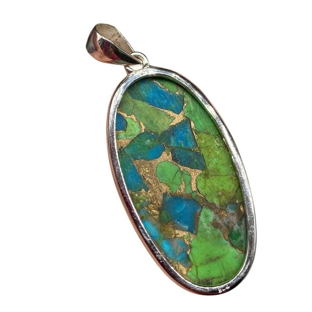 Kingman Turquoise Necklace Pendant Oval Solid 925 Sterling Silver Green Blue - Picture 8 of 8